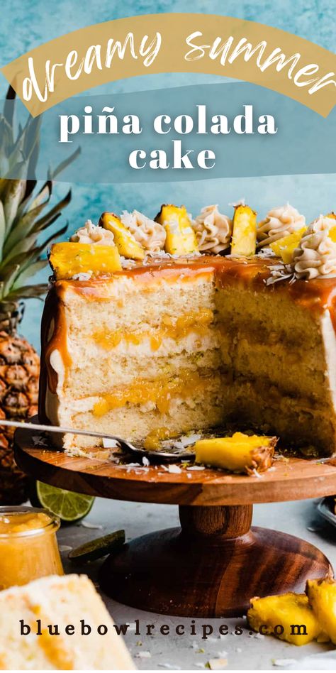 Piña Colada Cake is made with buttery soft rum-flavored cake layers, a sweet pineapple filling, and frosted in a silky coconut rum frosting. Top this stunning cake off with a pineapple caramel sauce for the most incredible cake you'll ever have! #pineapple #pineapplecake #pinacolada #pinacoladacake #coconut #summer #dessert #cake #bluebowlrecipes | bluebowlrecipes.com Pineapple Caramel, Rum Frosting, Stephanie Simmons, Thing To Bake, Pineapple Filling, Coconut Summer, Easy Dessert Bars, Pina Colada Cake, Birthday Treat