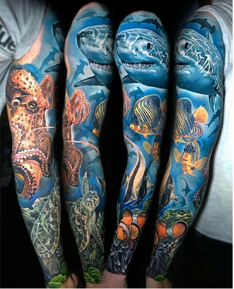 Sea Tattoo Sleeve, Underwater Tattoo, Colorful Sleeve Tattoos, Nautical Tattoo Sleeve, Ocean Sleeve, Octopus Tattoo Sleeve, Sleeve Tattoos For Men, Vintage Tattoos, Tattoo Diy