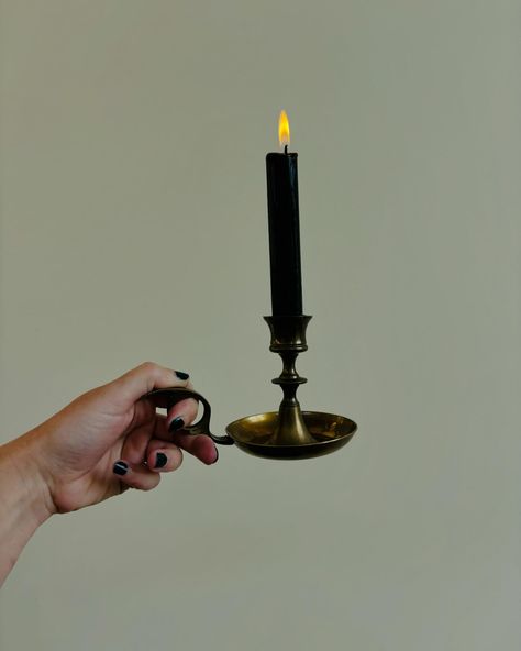 🕯️🍂Vintage Brass Candlestick Collection, Set of Five, Halloween Candleholders and Brass Candle Snuffer🍂🕯️$80//AVAILABLE *Black Candles are not included with the candle holders. The largest finger looped candle holder fits various sizes of candles so that’s a bonus! Also the bell shaped candle holder is infact a functional bell! Candleholders will be shipped/sold free of any wax build up but please note there are varying degrees of patina on all of them. Candlestick Collection, Shaped Candle, Vintage Brass Candlesticks, Vintage Candle, Brass Candlestick, Candle Aesthetic, Candle Snuffer, Black Candles, Brass Candle