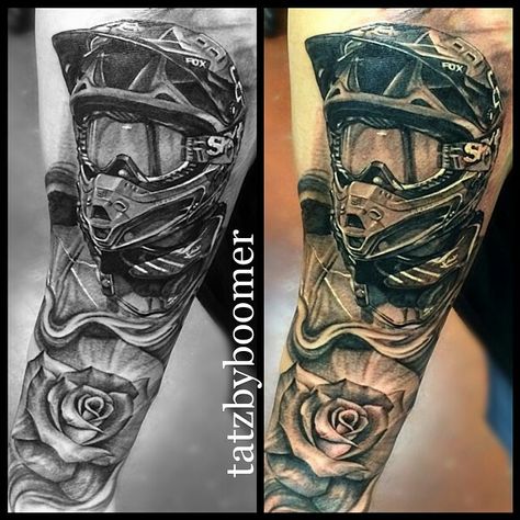 Motocross Tattoo, Dirt Bike Tattoo, Unique Half Sleeve Tattoos, Racing Tattoos, Half Sleeve Tattoos, Biker Tattoos, Bike Tattoos, Tattoo Trend, Tattoo Inspiration Men