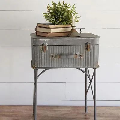 HARVEST MOON | Shop Sales Events Antique Farmhouse Suitcase Side Table, Porche Vintage, Metal Suitcase, Unique End Tables, Farmhouse Inspired Decor, Tall End Tables, Table Farmhouse, Industrial Design Furniture, Vintage Industrial Furniture