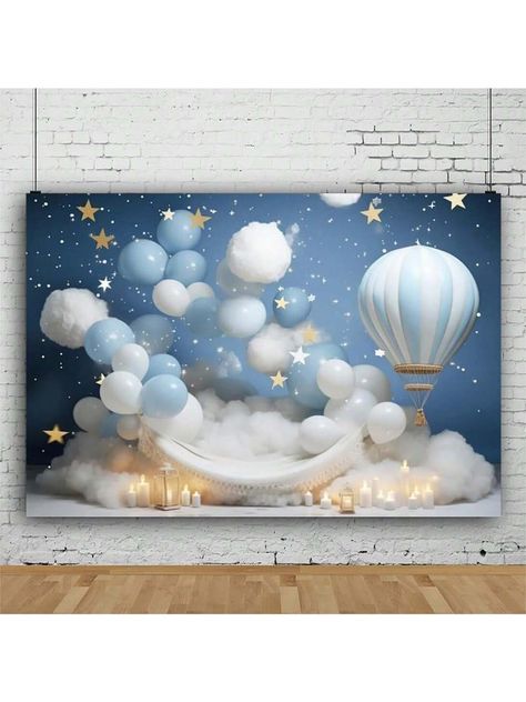 1pc Cloud And Hot Air Balloon Background Banner (210*150/150*100/100*75cm) With Stars And Blue Clouds Design For Party Decoration And Scene Setup In Bedroom, Living Room, Bathroom Multicolor    Polyester     Event & Party Supplies, size features are:Bust: ,Length: ,Sleeve Length: Hot Air Balloon Party Decorations, Whimsical Baby Shower, Hot Air Balloon Party, Cloth Banners, Party Backdrops, Baby Bug, Balloon Background, Boy Baby Shower Themes