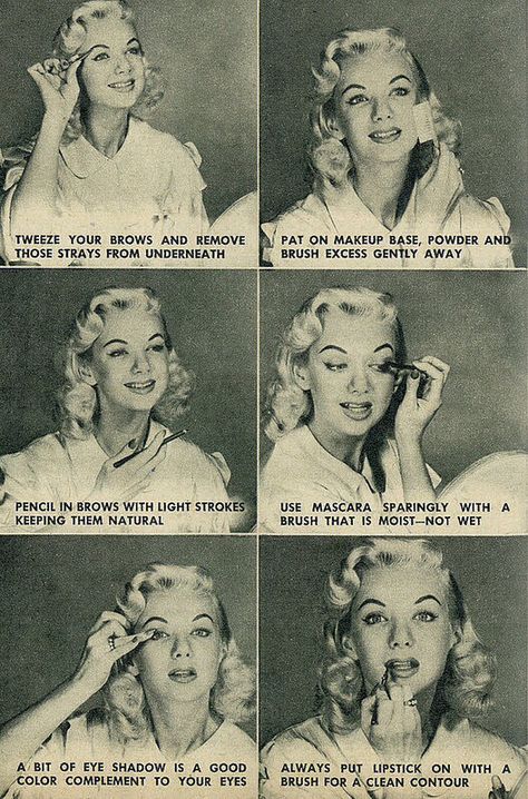 Make-up Tips c.1957 1950s Makeup, 50s Makeup, Face Care Tips, Retro Makeup, Retro Beauty, Vintage Trends, Classic Hairstyles, Vintage Cosmetics, Celebrity Makeup Artist