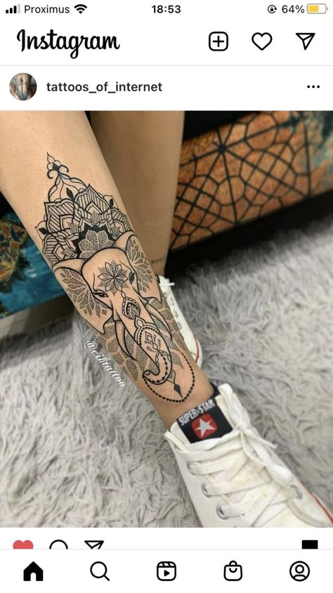 Elephant Shin Tattoos For Women, Mandala Tattoos For Women Leg, Elephant Leg Tattoo For Women, Shin Tattoo Womens, Boho Sleeve Tattoo, Geometric Tattoo Leg, Mandala Elephant Tattoo, Make Tattoos, Henne Tattoo