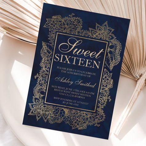 $1.9 | Modern floral faux gold navy watercolor Sweet 16 - modern sweet sixteen, chic sweet 16, elegant, floral sweet 16, hand drawn flowers, girly sweet sixteen, zgroupon, navy blue watercolor, faux gold foil, gold and navy blue Sweet 16 Party Ideas Blue And Gold, Navy Blue And Gold Sweet 16 Theme, Blue Sweet Sixteen, Blue Watercolor Background, Navy Watercolor, Navy Blue Watercolor, Sweet Sixteen Birthday Party Ideas, Sweet 16 Themes, 16th Birthday Invitations