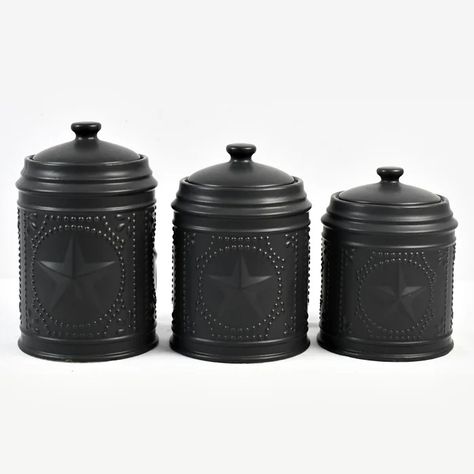 Black Kitchen Canisters, 3 Piece Kitchen Canister Set, Pressed Tin, Kitchen Canister Set, Primitive Design, Pantry Essentials, Kitchen Jars, Kitchen Dinnerware, Storage Canisters