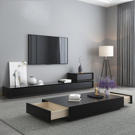 Black Tv Unit Living Room, Apartment Tv Setup, Black Cabinet Living Room, Middle Table Living Room, Black Tv Stand Living Room Decor, Tv Table Black, Black Tv Table, Modern Tv Stand Living Rooms, Black Tv Unit