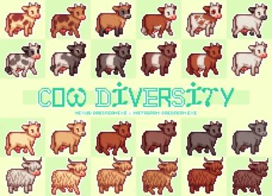 27 different cow variations, with both adult and baby cow versions. Variations include 2 base game inspired cows, 9 breed-based cows, 9 solid colored cows, and 7 solid colored highland cows. Available Stardew Mods, Mod Aesthetic, Stardew Farms, Stardew Valley Layout, Stardew Valley Tips, Stardew Valley Farms, Stardew Valley Fanart, Cozy Games, Cozy Gaming