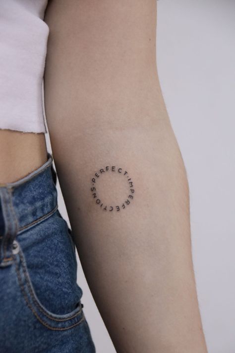 Circle Word Tattoo Design, Circular Word Tattoo, Circle Tattoo Placement For Women, Word Circle Tattoo, Circle Words Tattoo, Circle Date Tattoo, Circle Shaped Tattoos, Imperfect Circle Tattoo, Imperfections Tattoo