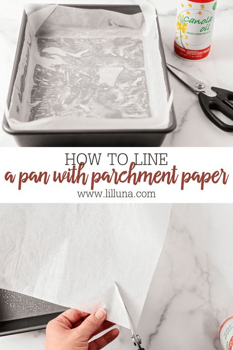 To prevent baked goods from sticking you'll want to know how to line a pan with parchment paper! Use these simple steps. #parchmentpaper #lineapan #baking Cookie Sticks, Brownie Pan, Parchment Paper Baking, Paper Cake, Pan Bread, Easy Delicious Recipes, Base Foods, Baking Tips, Fun Snacks