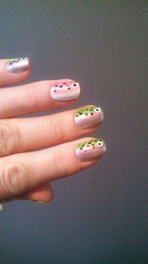 Fishing Nails Designs, Fish Nails Art, Trout Nails, Sardine Nails, Jurassic Park Nails, Fishing Nails, Lake Nails, Salmon Nails, Camo Nail Art