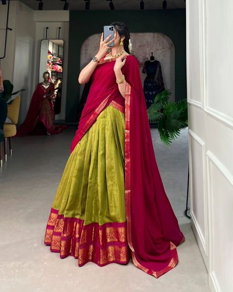 DM us @rr_fabricates *Lehenga(Stitched)* Lehenga Fabric : Kanchipuram Lehenga Work : Zari Weaving Work Lehenga Waist : SUPPORTED UP TO 42 Lehenga Closer : Drawstring With Zip Stitching : Stitch With Canvas Length : 41 Flair : 3.70 Meter Inner : Micro Cotton *Blouse(Unstitched)* Blouse fabric : Kanchipuram Blouse Work : Zari Weaving Work Blouse Length : 0.80 Meter *Dupatta* Dupatta Fabric : Georgette Dupatta Work : Plain With Lase Border Dupatta Length : 2.5 Meter *Package Contain* : L... South Indian Wedding Guest Outfit, Dress Ideas For Wedding Guest, Kanchipuram Lehenga, 2024 Diwali, Langa Voni Half Saree, South Indian Culture, Traditional Kurti, Zip Stitching, Diwali Outfit