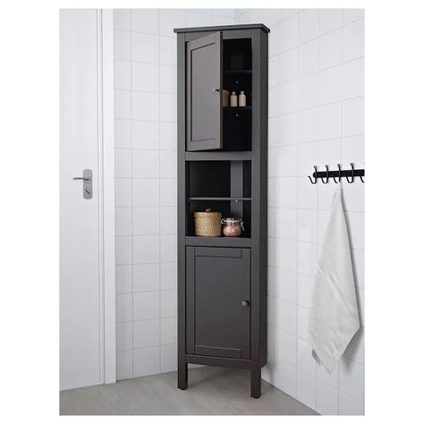 HEMNES Corner cabinet, $179.00 black-brown, 20 1/2x14 5/8x78 3/8" - IKEA Black Brown Bathroom, Corner Bathroom Cabinet, Bathroom Corner Cabinet, Ikea Bathroom, Ikea Hemnes, Cabinet Black, Laundry Closet, Corner Storage, Brown Bathroom