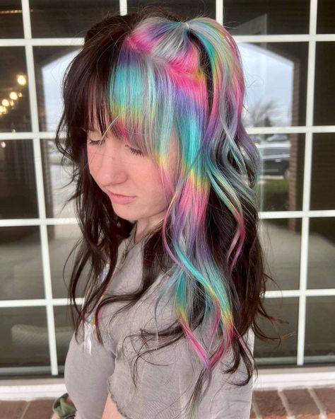 Cool Toned Rainbow Hair, Split Rainbow Hair, Rainbow Hair Streaks, Rainbow Roots Hair, Lisa Frank Hair, Rainbow Money Piece Hair, Blonde And Rainbow Hair, Rainbow Split Dye, Oil Spill Hair