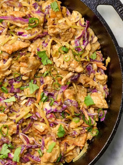 overhead shot of a peanuty chicken vegetable skillet Chicken And Vegetable Skillet, Butter Garlic Sauce, Vegetable Skillet, Beans Baked, Fried Beans, Stew Soup, Easy Chicken Dinner, Holiday Food Ideas, Salmon Potato