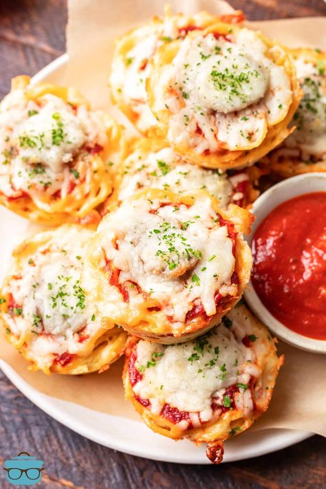 A small bowl of marinara and some Spaghetti Muffins. Spaghetti Muffins, Sausage Spaghetti, Country Cook, The Country Cook, Spaghetti Noodles, Cupcake Pan, How To Cook Sausage, Marinara Sauce, Small Bowl