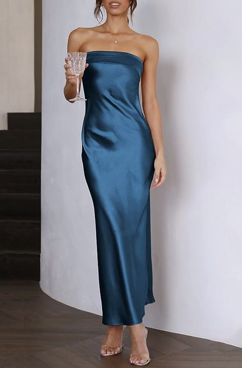 Caracilia Womens Satin Tube Sexy Backless Cut Out Formal Wedding Guest Evening Party Maxi Dresses Tube Top Maxi Dress, Dresses For Formal Events, Satin Evening Gown, Maxi Dress Wedding Guest, Maxi Dresses Fall, Tube Top Dress, Dress Simple, Maxi Dress Cocktail, Backless Maxi Dresses