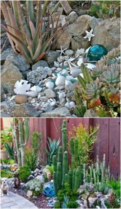 Seashell Garden Decor, Shells In Garden Ideas, Seashell Landscaping Ideas, Seashell Garden Ideas, Seashells In The Garden, Beach Themed Backyard Ideas, Coastal Landscaping Ideas Beach Gardens, Seashell Succulent, Beach Garden Design