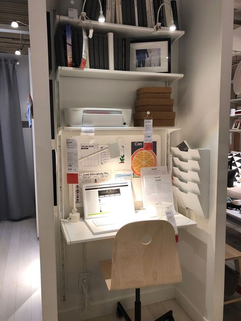 Ikea Algot Desk, Ikea Desk Shelf Ideas, Wall Storage Above Desk, Tiny House Workspace, Ikea Shelf Desk, Ikea Desk Shelves, Space Saving Workspace, Boaxel Ikea Ideas Office, Norberg Ikea Hack