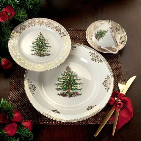 Christmas China Patterns, Christmas Dinnerware Sets, Christmas Tree Gold, Holiday Dinnerware, Christmas Tree Collection, China Dinnerware Sets, Christmas China, Christmas Dinnerware, Spode Christmas Tree