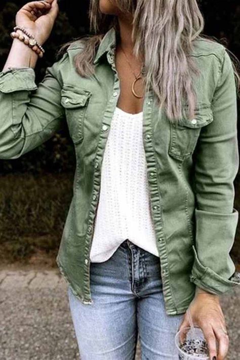 8c01a75941549a705cf7275e41b21f0ddesc52382989ri Grey Denim Jacket, Denim Outfits, Straight Clothes, Long Sleeve Denim Shirt, Trendy Denim, Outdoor Jacket, Denim Jacket Women, Look Casual, Casual Denim