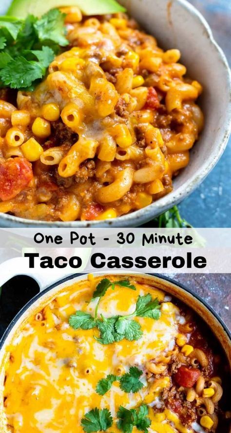 Taco Casserole is a quick and easy weeknight meal made in one pot!  A delicious dinner recipe that doesn't leave a sink full of dishes. #tacotuesday #easydinner #30minutemeal #onepotpasta Homemade Casseroles, Sink Full Of Dishes, Mexican Dish, Taco Casserole, Easy One Pot Meals, Mexican Foods, Recipes Casserole, Hot Dishes, Weeknight Dinner Recipe