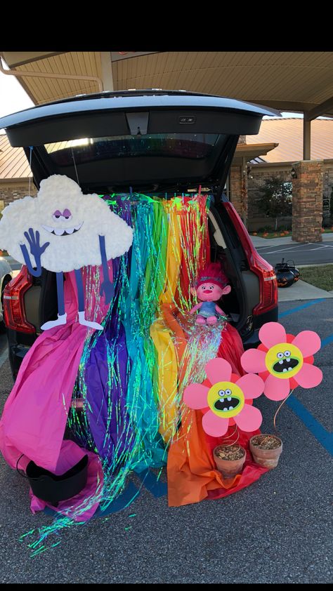 Flower Trunk Or Treat, Trolls Trunk Or Treat Ideas For Cars, Toddler Trunk Or Treat Ideas, Trunk Or Treat Ideas For Cars Princess, Trunk Or Treat Ideas Inside Out, Disneyland Trunk Or Treat, Trunk Or Treat For Vans, Trunk Or Treat Trolls Theme, Trolls Trunk Or Treat Ideas