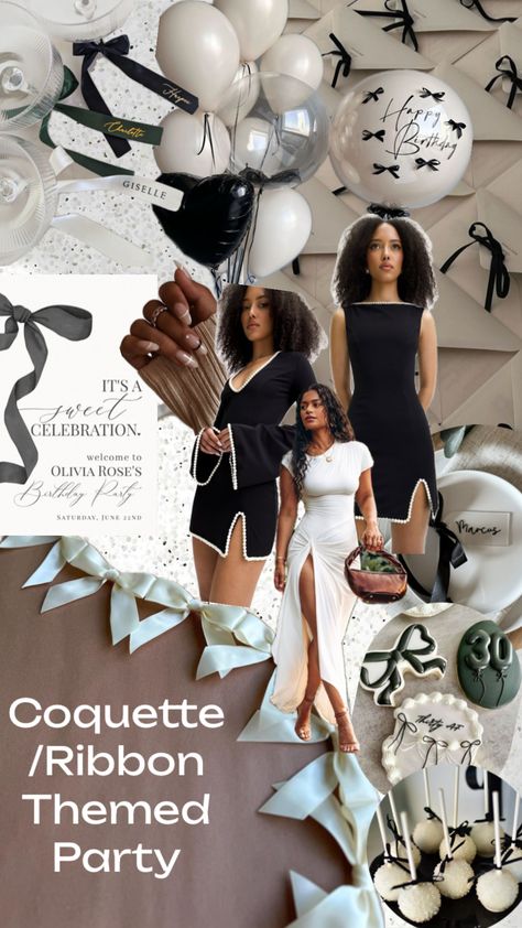 Coquette/Ribbon/Bow Themed Party Inspo 🎀 #Blackandwhite #ribbons #coquette #birthdayparty #dinnerpartyinspo #blackandgreen #whiteandgreen #visionboard Ribbons Coquette, Black Coquette, Coquette Ribbon, Party Inspo, Black And White Aesthetic, Themed Party, Ribbon Bows, Engagement Party, Dinner Party