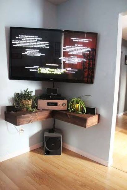 Weekend Project Corner Wall Tv, Corner Mount Tv, Corner Tv Shelves, Tv In A Corner, Diy Corner Tv Stand, Corner Mounted Tv, Corner Unit Tv Stand, Corner Shelves Ideas, Corner Tv Ideas