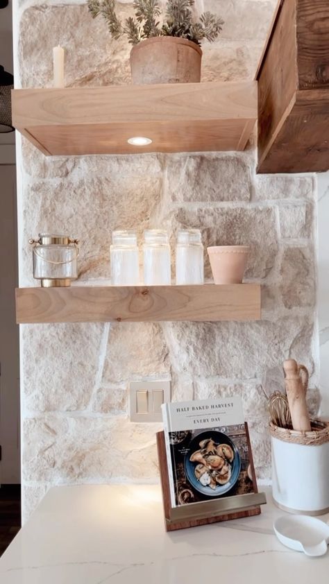 Shelby Masson | Home + Lifestyle Design | SAVE ✨ this post for stone details + kitchen inspiration! We get so many requests for our stone details we wanted to share them. Our... | Instagram Stone Backsplash Wet Bar, Stone Accent Walls Kitchen, Blue Stone Backsplash, Tumbled Travertine Backsplash, Austin Stone Backsplash Kitchen, Whitewashed Brick Backsplash Kitchen, Alamo Sandstone Random Panel Ledger, Exposed Stone Kitchen, Faux Stone Wall Kitchen