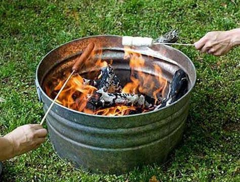 Repurposed Galvanized Buckets and Tubs Backyard Campout Party, Easy Diy Fire Pit, Campout Party, Backyard Campout, Outside Fire Pits, Outdoor Fire Pit Designs, Fire Pit Ring, Beach Fire, Galvanized Tub