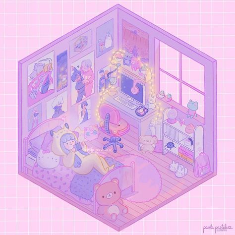 Paula Bugueño on Instagram: “⁣Another isometric room! Yaaay i feel i got a little bit purple overboard with the shadows hahahha but i had lots of fun drawing all the…” Pikachu Onesie, Isometric Room, Bedroom Drawing, Isometric Drawing, Isometric Art, Kawaii Illustration, Isometric Design, Pastel Room, Interior Illustration