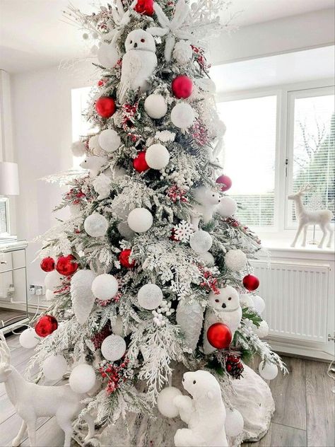 I am eager and excited to share our simple red and white Christmas tree decoration with you today 2022. This year, this tree has a special meaning to me. I wanted to share the symbolism of decor placement and hope you’ll be inspired! Maybe you, too, can create your holiday décor with a purpose Red And Green Frosted Christmas Tree, White Frosted Christmas Tree, Frosted Christmas Tree Ideas, Flocked Christmas Trees Decorated Red, White Christmas Tree Decorating Ideas, Polar Bear Christmas Tree, Red Baubles, Red And White Christmas Tree, White Christmas Tree Decorations