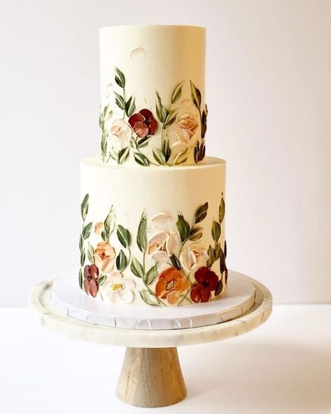 Wedding Cake With Painted Flowers, Wedding Cakes Painted Flowers, Hand Painted Buttercream Cake, Wedding Cake Two Tier Flowers, Buttercream Anniversary Cake, 3 Tier Buttercream Wedding Cake, Wedding Cake Designs Two Tier, Buttercream Cake Painting, Pallet Knife Floral Cake