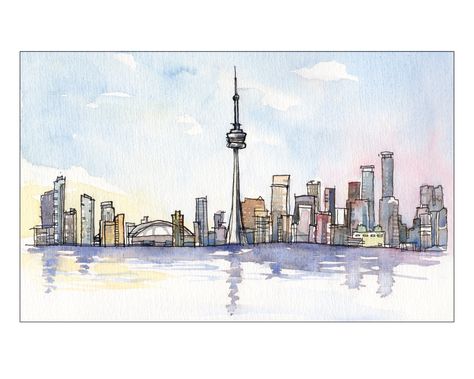 Ink & Watercolor Fine Art Print of Toronto Skyline. Sketched from Toronto Island. Available ofr purchase in my Etsy shop. GenineCarvalheiraArt Watercolor City Skyline, Toronto Watercolor, Toronto Drawing, Canada Drawing, Canada Watercolor, Invite Background, Watercolour Trees, Skyline Drawing, Toronto Architecture