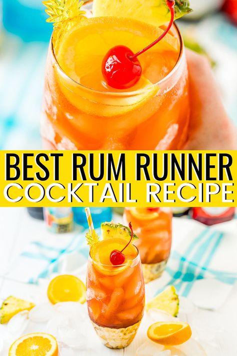 Rum Runner Recipe Best, Fruity Rum Drinks Easy, Rumrunner Cocktail, Rumrunner Drink, Rum And Pineapple Drinks, Rum Pitcher Drinks, Carribean Drinks Cocktails, Rum Runner Recipe Easy, Rum Runner Cocktail