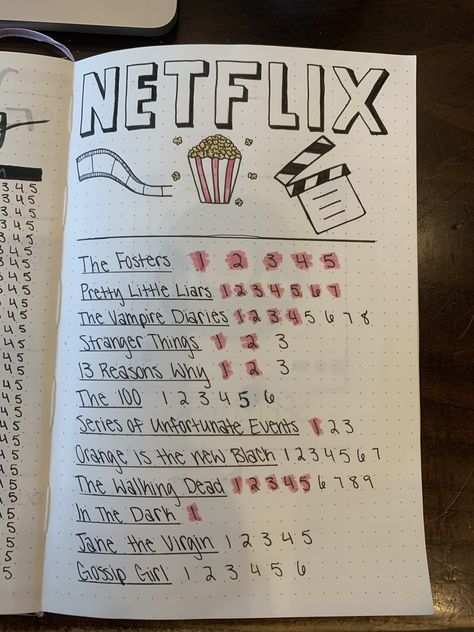 Bullet journal idea Netflix shows Netflix And Chill Costumes, Bullet Journal Netflix, Doodles Summer, Summer Doodles, Disney Movies List, Netflix Shows To Watch, Netflix Hacks, Netflix Shows, Movie Hacks