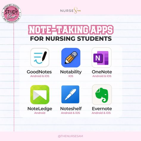 Best Notetaking Apps for Nursing Students:👇🏾 I love the ease & flexibility of digital notes and digital study guides! 😍 All those nursing notebooks & textbooks can get pretty heavy so investing in an iPad/Tablet and digital note-taking app was pivotal for me as a nursing student! ✍🏾 Here are 6 Notetaking Apps for Nursing Students: ✅ Notability (iOS) - Has a SUPER CLUTCH record audio feature to record lectures while taking notes. ✅ GoodNotes 5 (iOS + Android) - My favorite! Has a built-in ... Apps For Nursing Students, Notes Goodnotes, Nail Tech School, Record Audio, Goodnotes 5, Nurse Study Notes, Digital Notes, Study Apps, Notes App