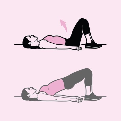 4 exercises for hip strength-lying on the ground raising her hips is one Hip Strengthening Exercises, Bridge Workout, Pie Plano, Denise Austin, Hip Raises, Hip Bridge, Lose Thigh Fat, Glute Bridge, Strong Muscles