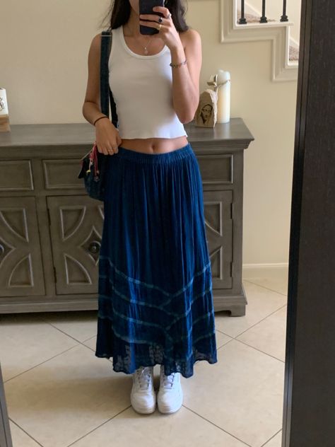 Outfits With Long Blue Skirts, Long Skirt Blue Outfit, Maxi Blue Skirt, Fancy Maxi Skirt Outfit, Long Blue Skirt Outfit Aesthetic, Royal Blue Maxi Skirt Outfit, Blue Maxi Skirt Outfit Summer, Navy Blue Skirt Outfits Summer, Long Patterned Skirt Outfit