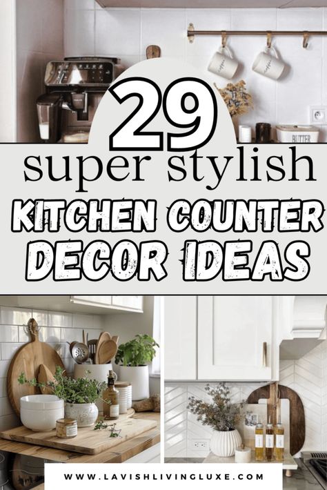 Need Kitchen Counter Ideas to decorate your Kitchen Counter? Then this blog post is exactly what you need to see. These kitchen counter decor ideas are perfect for styling your kitchen counter and super easy to replicate. These 26 Kitchen Counter Ideas range from simple to luxe, making them perfect kitchen counter inspiration ideas. Check them out today! Things To Put On Kitchen Countertops, New Kitchen Decor Ideas, Counter Top Shelf Ideas, Tidy Kitchen Counter, Declutter Countertops Kitchen Counters, Coastal Kitchen Counter Decor Ideas, How To Style A Kitchen, Kitchen Counter Display Ideas, How To Style Kitchen Island