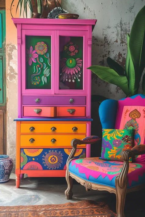 33 Painted Furniture Ideas That'll Delight Any DIY Enthusiast Magenta Painted Furniture, Diy Shelf Painting Ideas, Table Top Painting Ideas, Folk Painted Furniture, Funky Painted Furniture Bohemian, Dresser Painting Ideas Creative, Painted Chairs Ideas, Colorful Furniture Diy, Boho Furniture Makeover