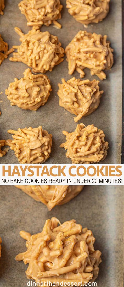 Haystack cookies are an easy no bake cookie with white chocolate, butterscotch chips, peanut butter and chow mein noodles you can make in under 20 minutes! #cookie #cookies #nobake #nobakecookies #haystackcookies #nobakedessert #dessert #dinnerthendessert Caramel Haystacks Recipe, Haystack Cookies, Haystacks Recipe, Easy No Bake Cookies, Chocolate Cake Mix Cookies, No Bake Cookie, Chocolate No Bake Cookies, Flourless Cookies, Chow Mein Noodles