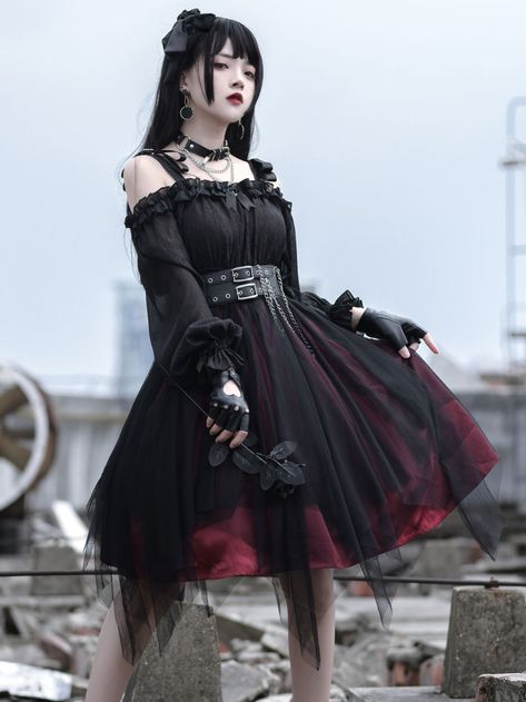 Gothic Lolita OP Dress Black Burgundy Ruffles Bows Open The Shoulder Long Sleeves Lolita One Piece Dress Gothic Mode, Op Dress, Vintage Black Dress, Old Fashion Dresses, Style Kawaii, Goth Dress, Gothic Dress, Swaggy Outfits, Gothic Outfits