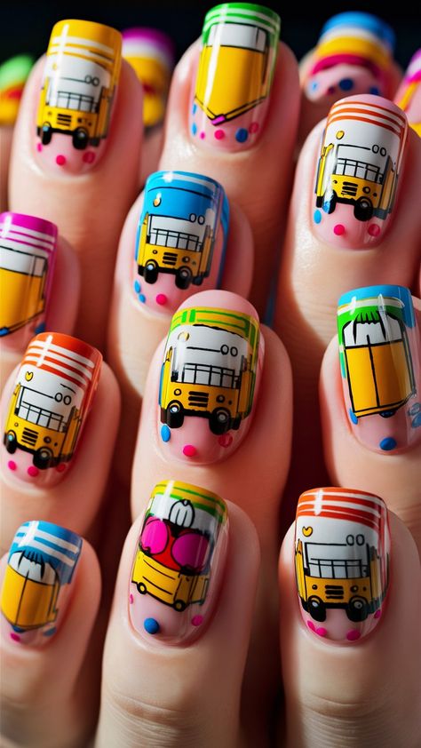 Kick off the school year with adorable nail art featuring cheerful yellow school buses! These vibrant designs blend a palette of colors with cute little buses, making your nails a fun homage to back-to-school season. Perfect for any student looking to add some flair, these easy-to-create looks will surely turn heads in the classroom. Grab your nail polish and check out our step-by-step guide! 🎨📒 #SchoolBusNails #BackToSchoolNailArt #ColorfulCreativity Yellow School Bus, School Buses, Colorful Nail, School Season, Colorful Nail Designs, Nails Inspo, In The Classroom, School Bus, The Classroom