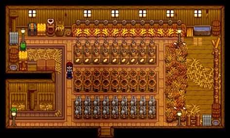 Stardew Barn Interior, Stardew Coop Layout, Stardew Valley Strawberry House, Stardew Valley Bus Stop Decoration, Barn Stardew Valley, Stardew Valley Barn Interior, Stardew Barn Layout, Stardew Valley Workbench Layout, Stardew Meadowlands