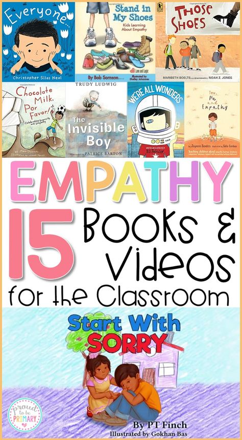 15 empathy books and videos for the classroom to teach kids about empathy, compassion, inclusion, and community. Teachers can use these social awareness books and videos during social-emotional learning lessons and activities with kids. #empathy #emapthybooks #socialemotionallearning #charactereducation #booksforkids #videosforkids #empathyactivities #socialskills #socialresponsibility Empathy Preschool Activities, Empathy Lessons, Kids Empathy, Empathy Activities, Teaching Empathy, Social Emotional Learning Lessons, Emotional Books, Learning Lessons, Social Emotional Activities