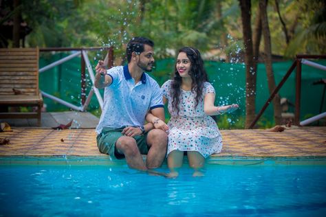 Swimming Pool Photoshoot Couple, Swimming Pool Couple Shoot, Pool Side Couple Photoshoot, Swimming Pool Couple Photoshoot, Pool Side Photoshoot Ideas, Swimming Poses, Goa Photography, Couple Swimming, Pre Wedding Photoshoot Props