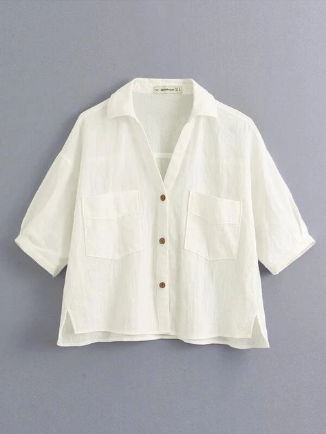 V Neck Pocket Detail Blouse | SHEIN USA Linen Blouses, Female Shirts, Blouses Vintage, Pocket Blouse, Chic Tops, Plain Blouse, Vintage Short, Chic Top, Plain Shirts