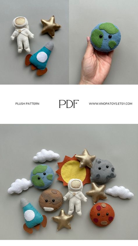 Set of 9PDF patterns. Set includes pattern astronaut, Moon, Sun, Mars, Earth, Mercury, rocket, stars and cloud.Each toy is bright and funny, and I'm sure you can easily sew felt toys for yourself and your family.Height of toys 5-10cm. #space nasa astronaut science technology international space station spacex easy how to space travel felt #solar system how to make universe felt astronaut pattern solar system for kids rocket set of ornaments for boy nursery decor hand made plush stuffed toy Felt Astronaut, Felt Solar System, Felt Rocket, Earth Ornament, Earth Galaxy, Sew Felt, Solar System For Kids, Adventure Time Princesses, Rockets For Kids